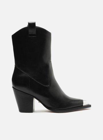 Bota Preta Couro Cano Curto Salto Metal