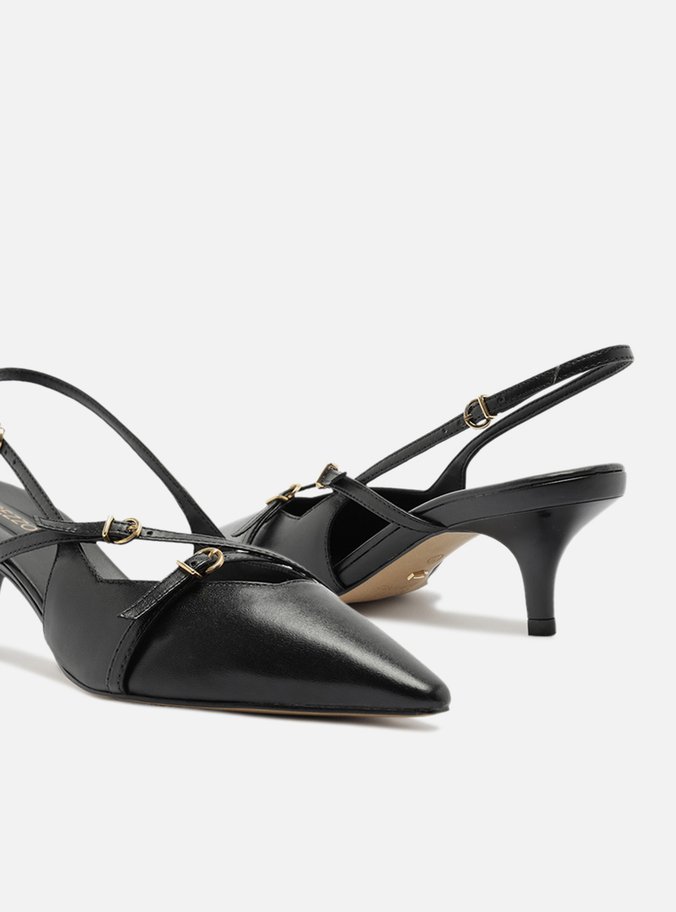 Scarpin Preto Couro Salto Médio Slingback Amélia