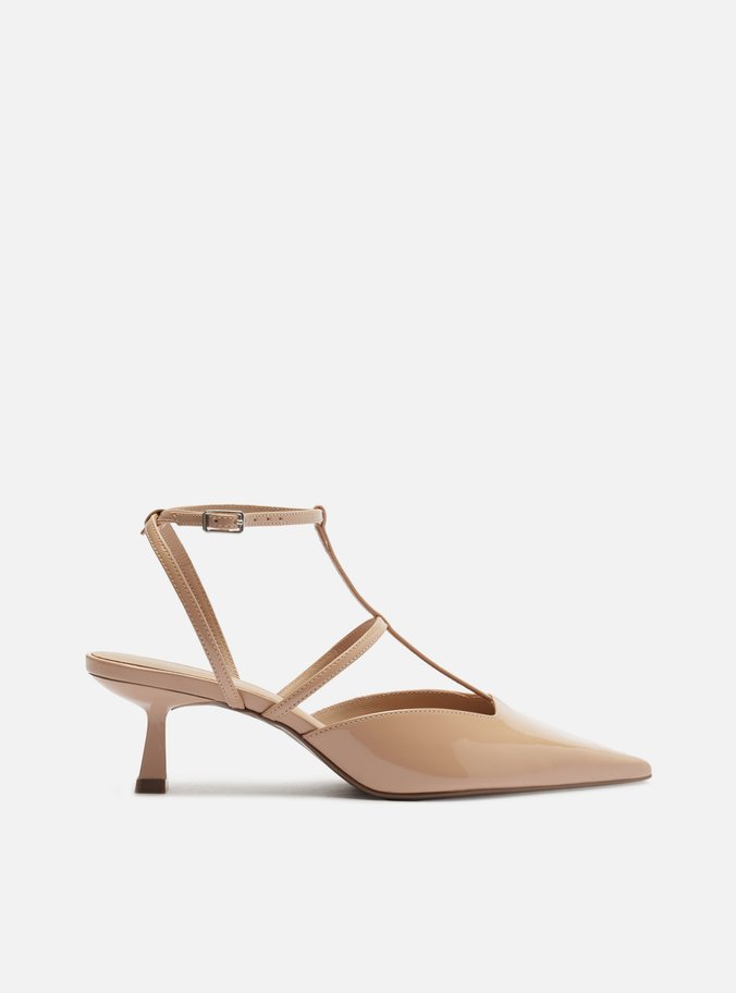 Scarpin Nude Verniz Salto Médio Aberto Tiras
