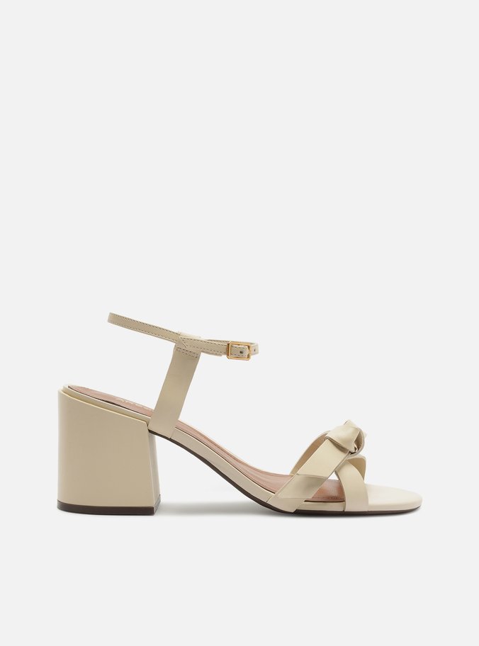 Sandália Off White Couro Salto Bloco Laço