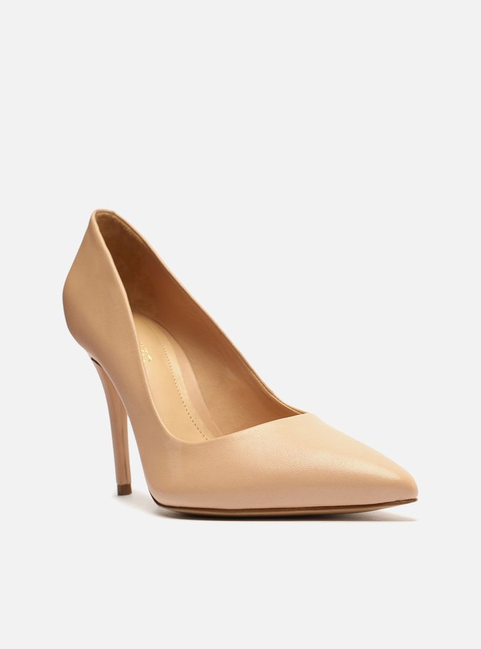 Scarpin Bege Couro Salto Alto Fino Bico Fino