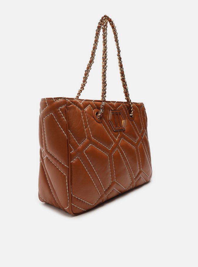 Bolsa Shopping Marrom Couro Pesponto Emma Grande