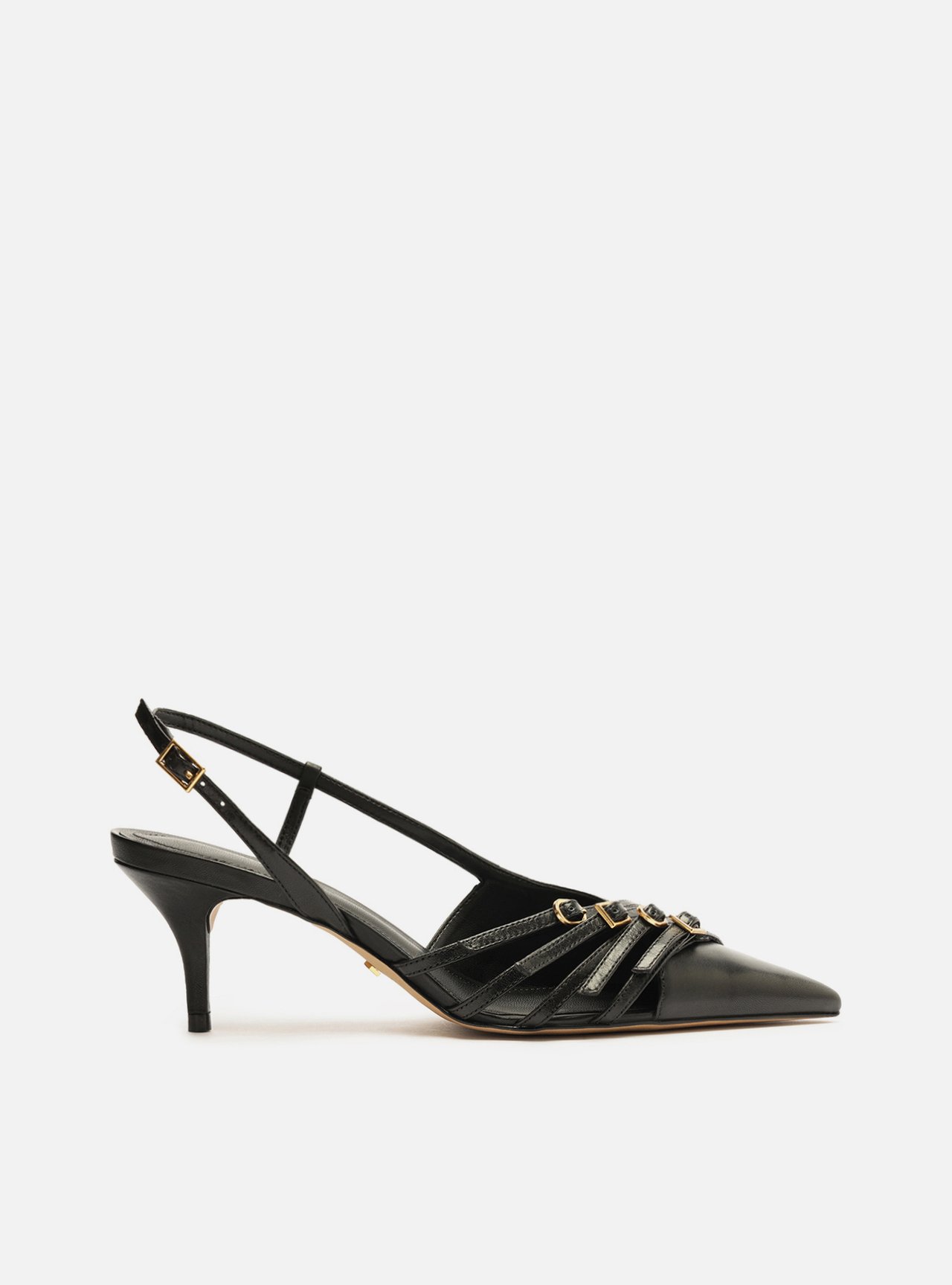 Scarpin Preto Couro Salto Kitten Tiras Fivelas — foto 1
