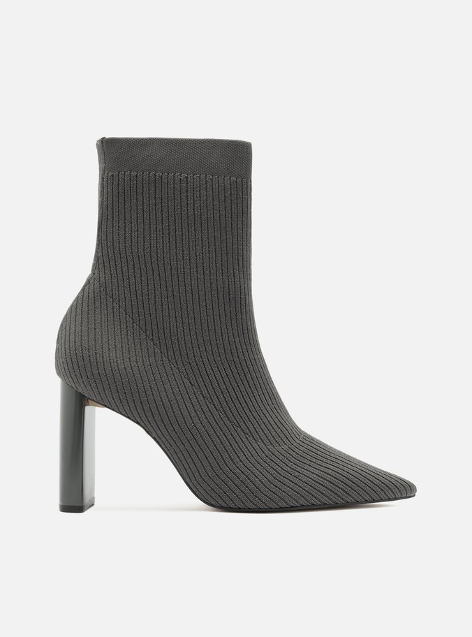 Bota Skinny Cinza Knit Cano Médio Salto Bloco
