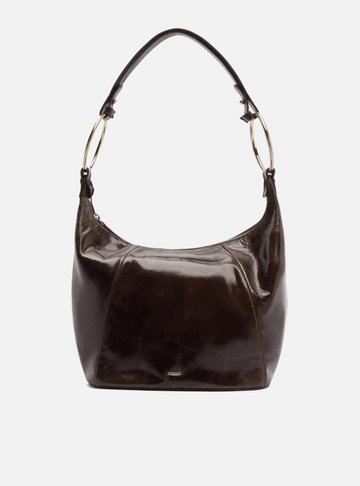 Bolsa Shoulder Marrom Couro Média Argolas Alça