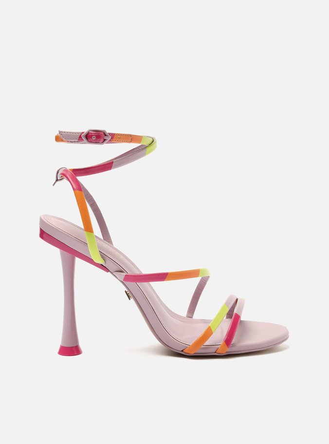 Sandália Lavanda Salto Fino Tiras Estampada