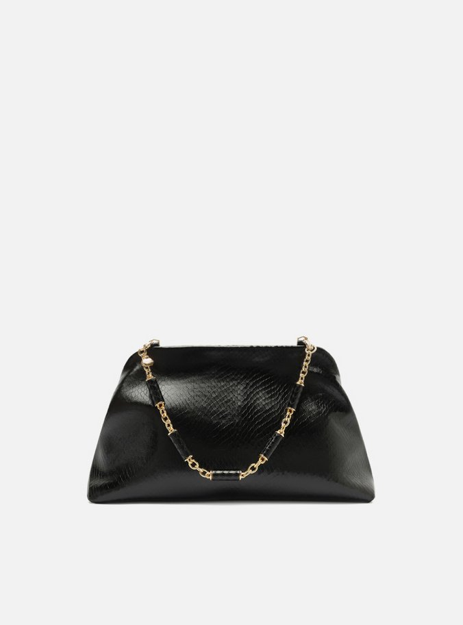 Bolsa Clutch Preta Couro Média Snake Corrente