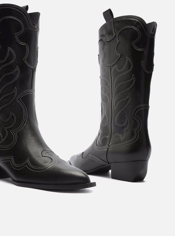 Bota Preta Couro Cano Médio Western Folk
