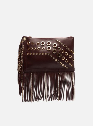 Clutch Vermelha Couro Média Franjas Ilhoses