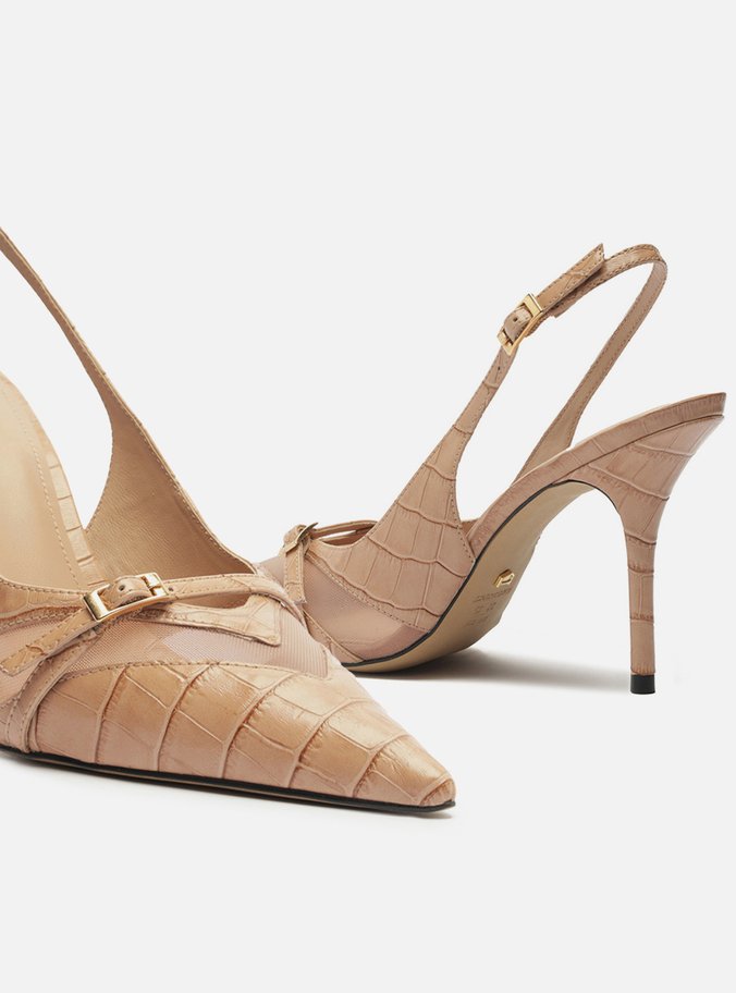 Scarpin Rosa Croco Salto Alto Slingback Tela