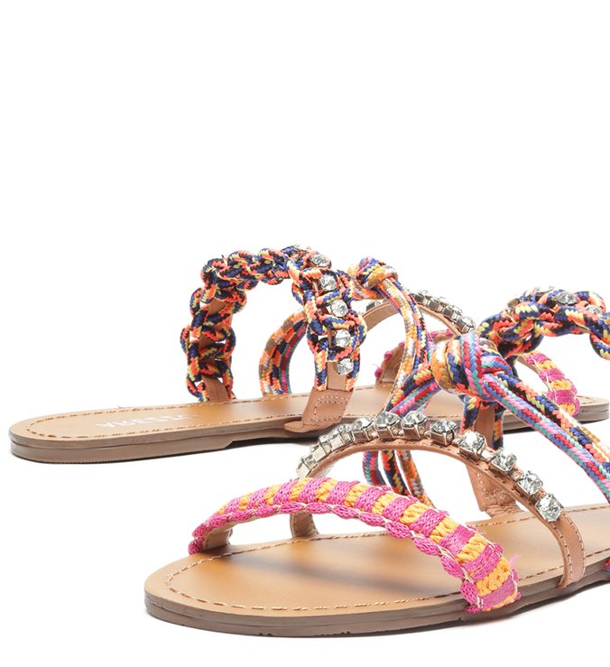 Rasteira Multicolorida Tiras Corda Pedrarias