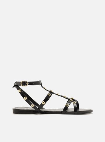 Arezzo — Sandália Rasteira Preta Couro Multitiras Studs