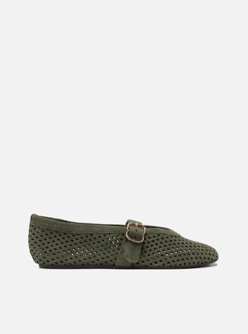 Sapatilha Verde Suede Vazada Bico Redondo