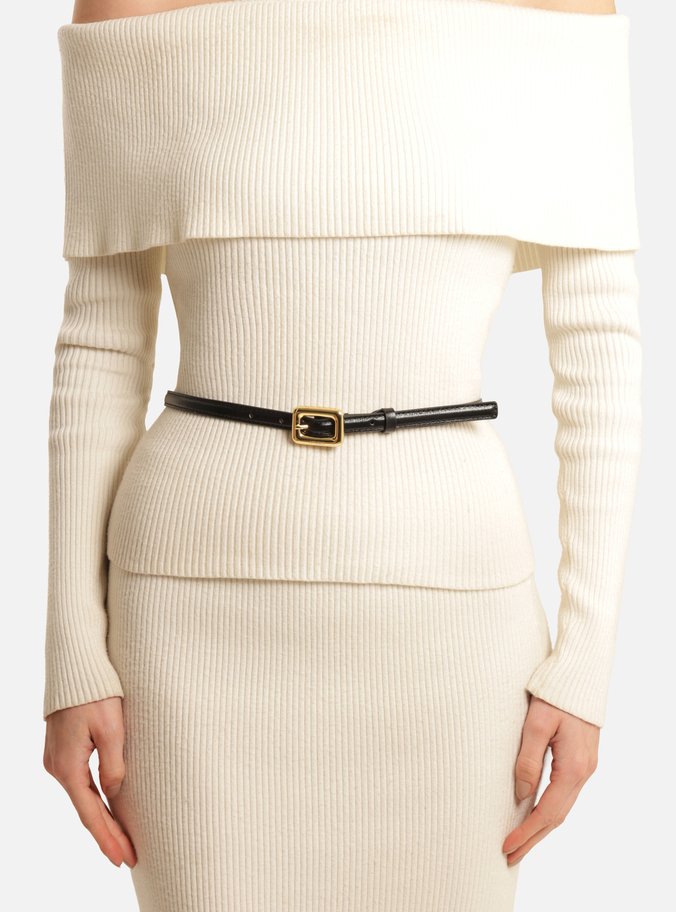 Cinto Preto Couro Fino Maxi Fivela Retangular