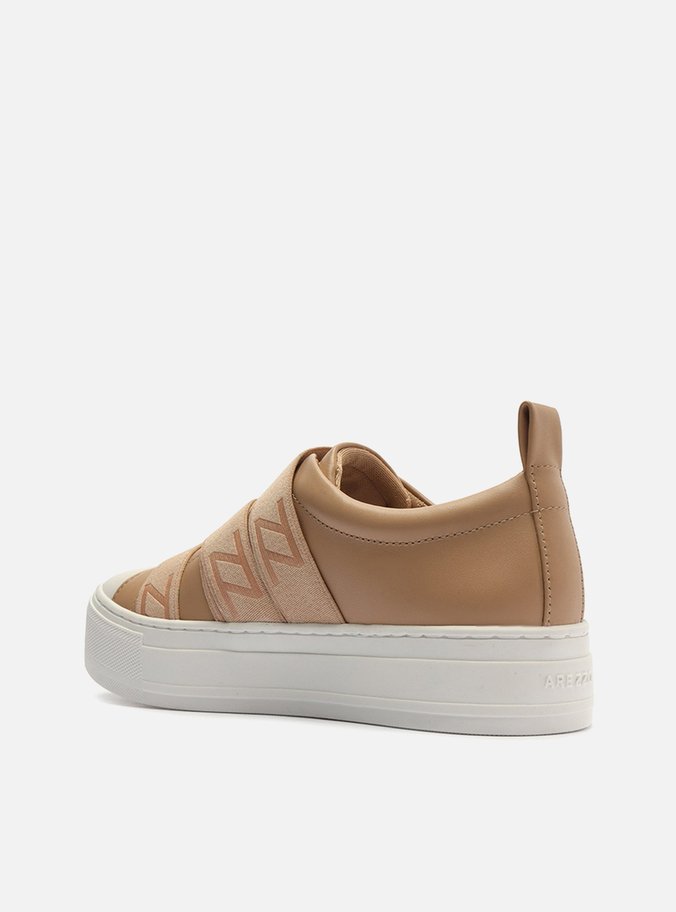 Slip On Bege Couro Flatform Elásticos