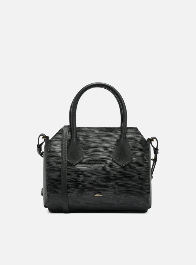 Bolsa Hobo Preta Couro Textura Média Metal