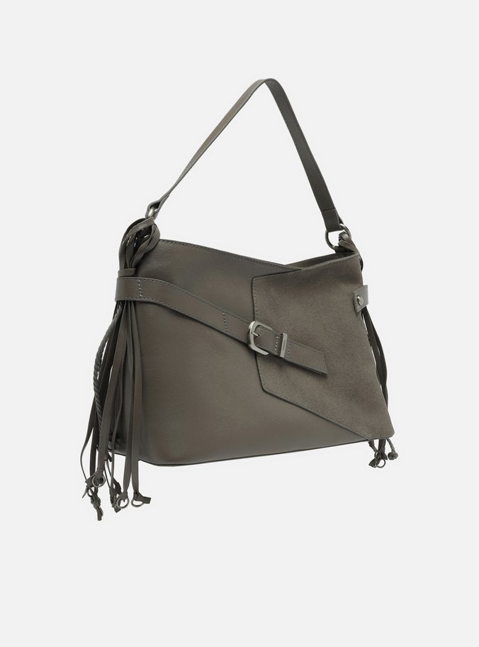 Bolsa Tote Cinza Couro Camurça Grande Tiras