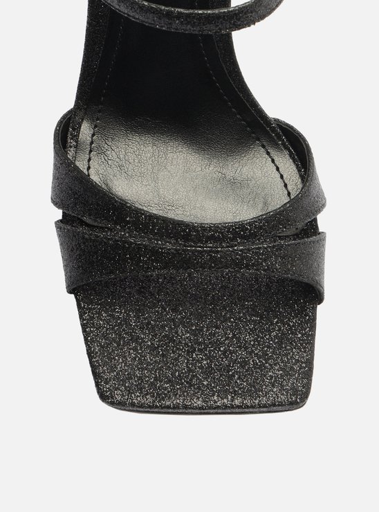 Sandália Preta Salto Fino Bico Quadrado Glitter Gigi