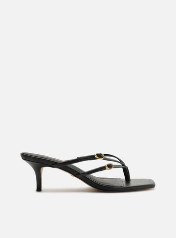 Tamanco Preta Couro Bico Quadrado Flip Flop