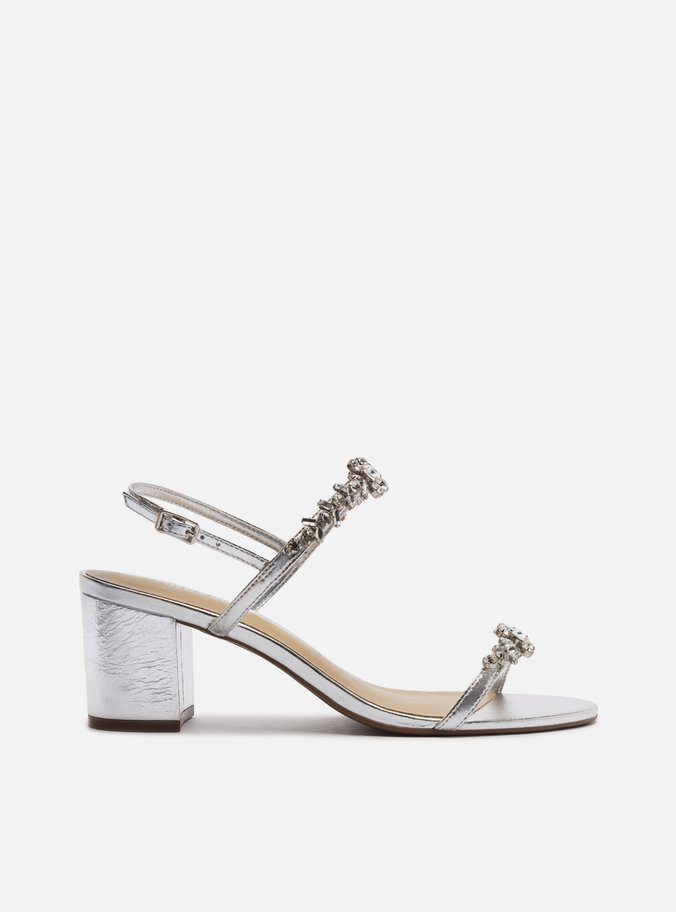 Sandália Prata Couro Salto Bloco Tiras Pedrarias