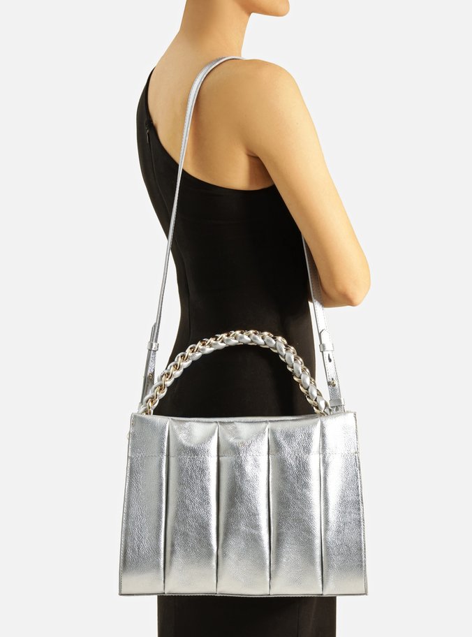 Bolsa Tote Prata Couro Milano Chain Grande