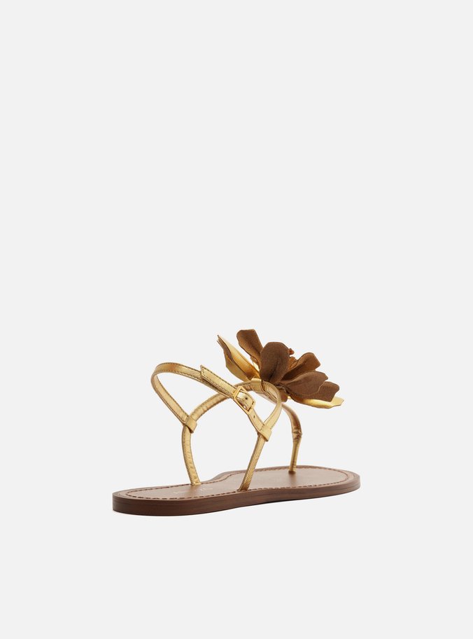 Sandália Rasteira Dourada Couro Slim Flor