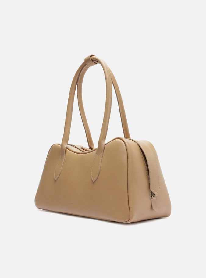 Bolsa Bowling Bege Couro Grande Zíper Duplo
