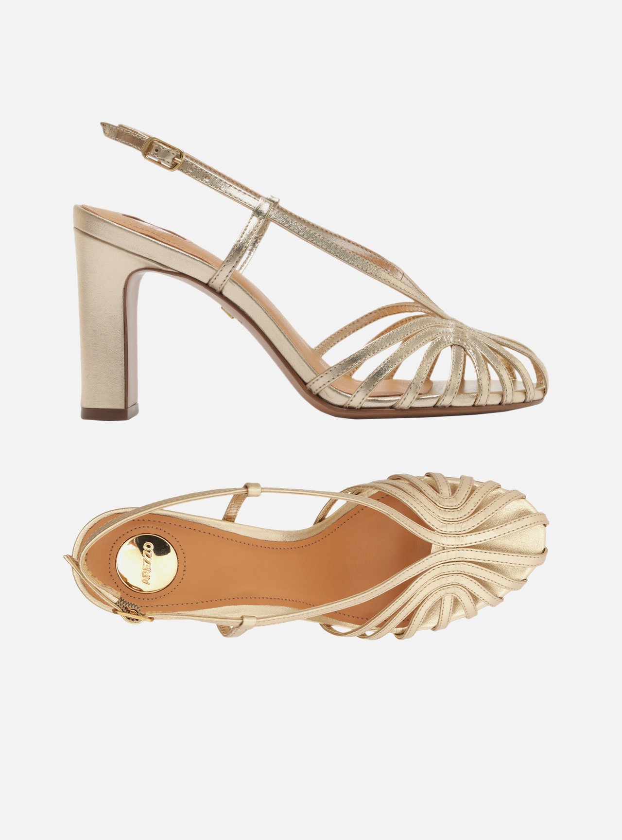 Sandália Dourada Couro Salto Bloco Tiras Slingback — foto 5