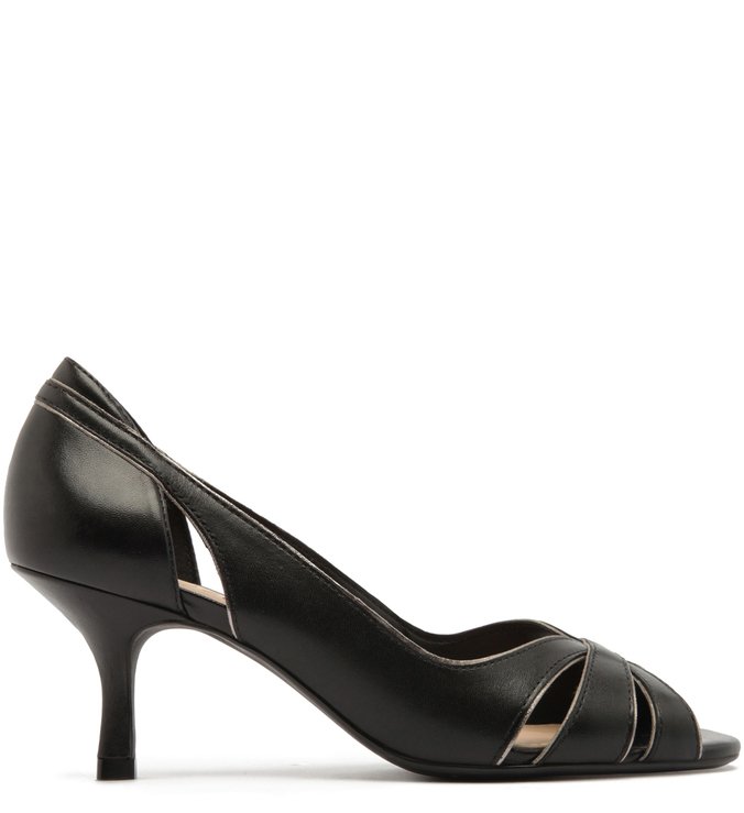 Scarpin Couro Salto Médio Peep Toe Preto e Old Silver