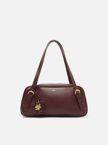 Bolsa Bowling Vinho Couro Média Metal Flor