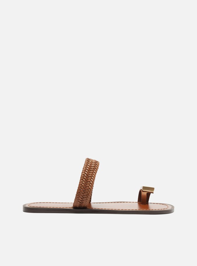 Rasteira Marrom Tira Trançada Dedeira Metal