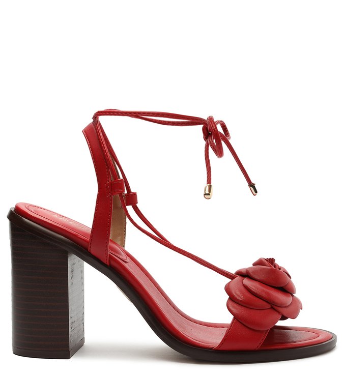 Sandália Couro Vermelho Salto Bloco Alto Antônia