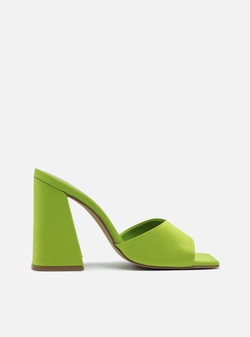 Mule Verde Cetim Salto Alto Bloco