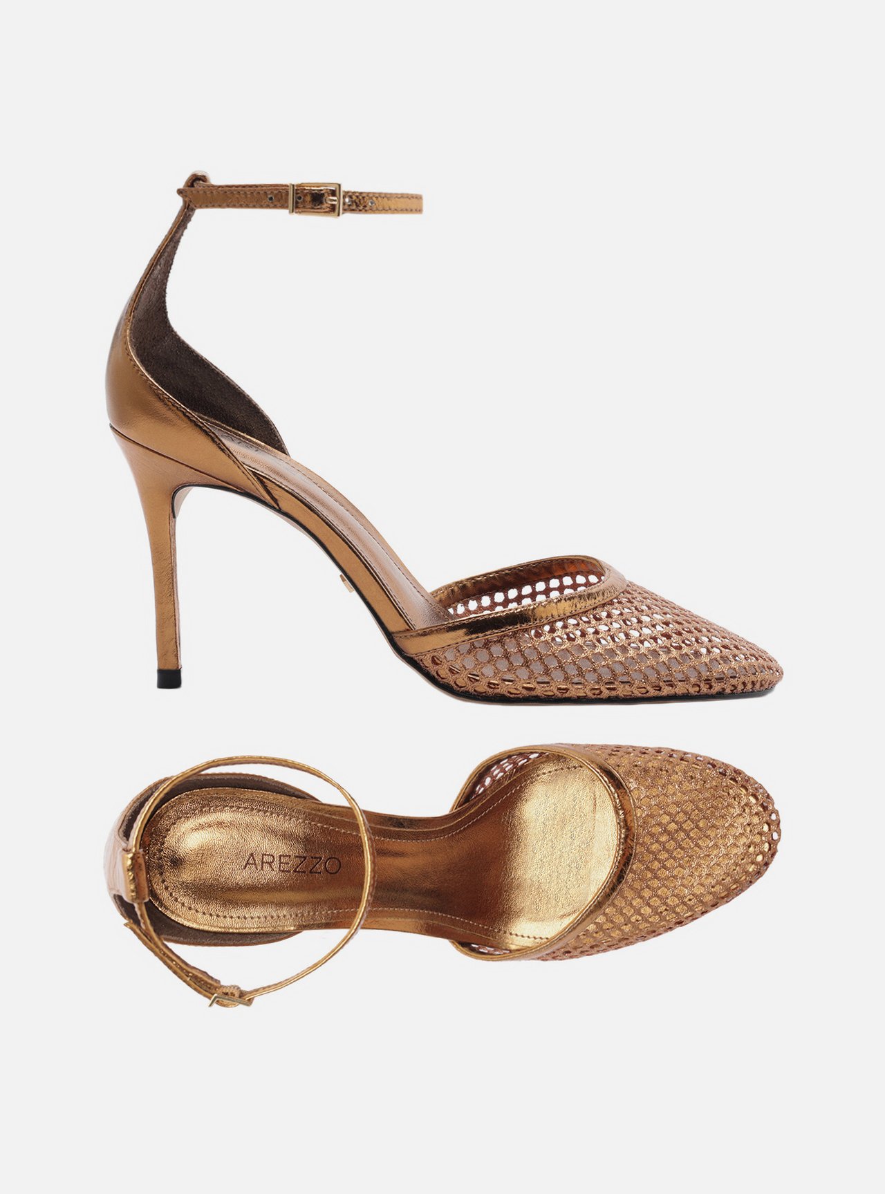 Scarpin Bronze Salto Alto Fino Aberto Tela — foto 5