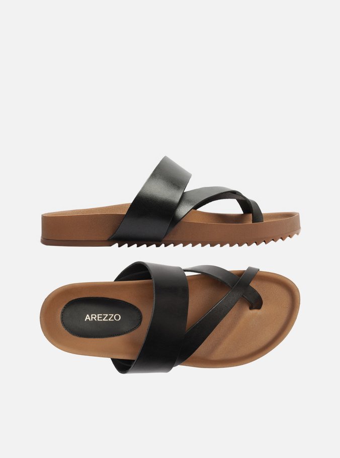 Papete Preta Couro Flatform Tiras Cruzadas