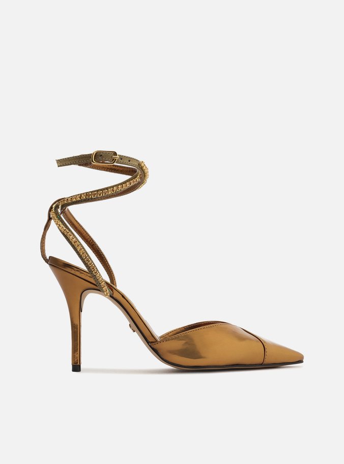 Scarpin Dourado Cetim Salto Alto Tiras Anny