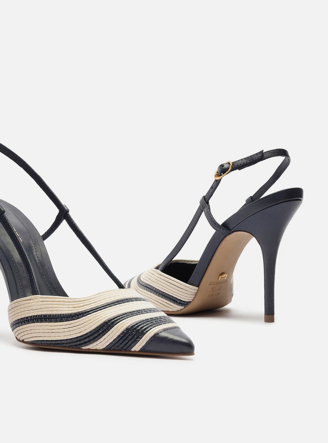 Scarpin Azul Couro Salto Alto Slingback Bicolor