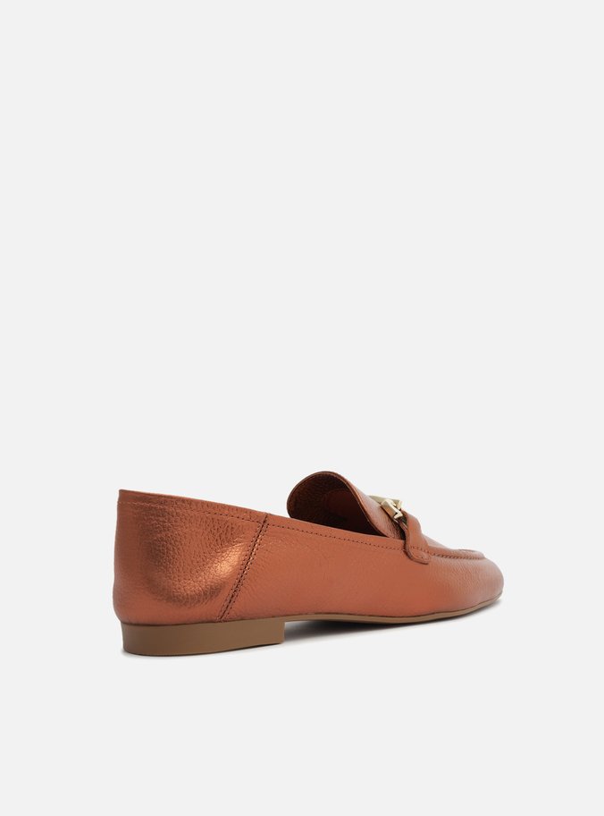 Mocassim Laranja Metal Couro Bridão Metálico Luma