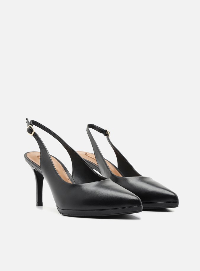 Scarpin Preto Couro Salto Alto Slingback