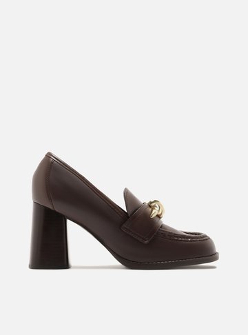 Loafer Marrom Couro Salto Bloco Metal Nó