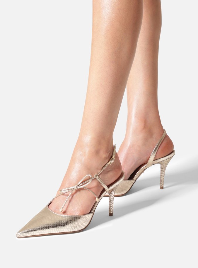 Scarpin Dourado Couro Slingback Salto Fino Lacinho