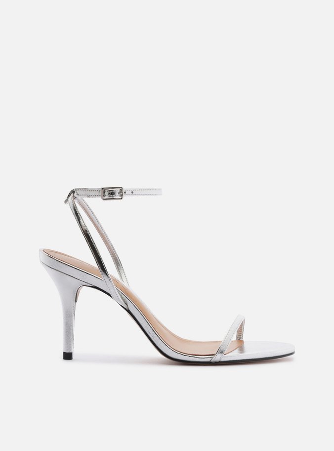 Sandália Prata Couro Salto Médio Fino Tiras