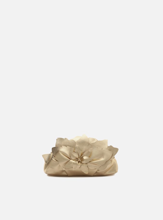 Bolsa Clutch Dourada Couro Pequena Flor Corrente