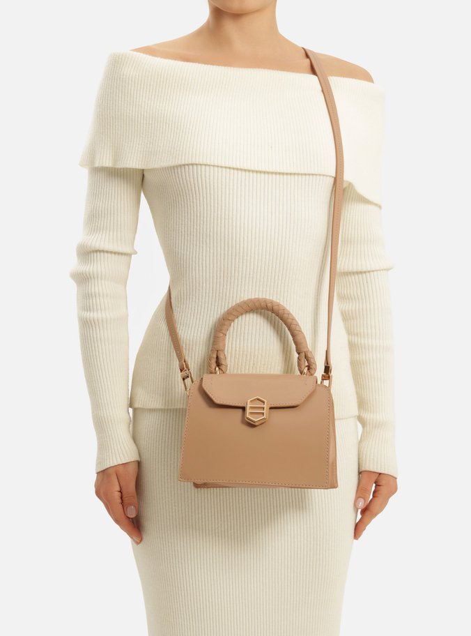 Bolsa Tiracolo Bege Couro Pequena Metal Geométrico