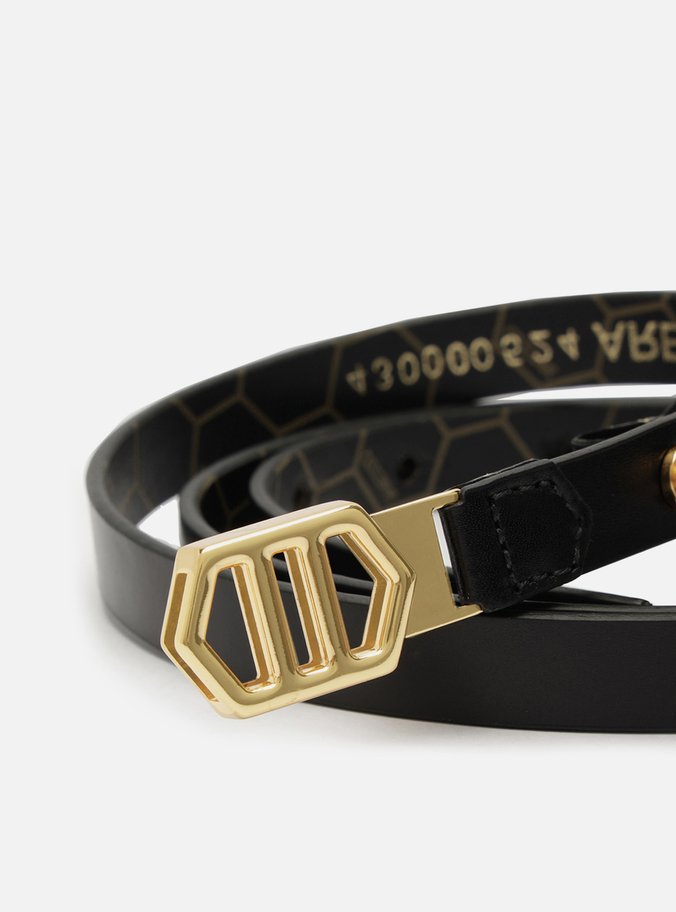 Cinto Preto Couro Fino Fivela Hexagonal