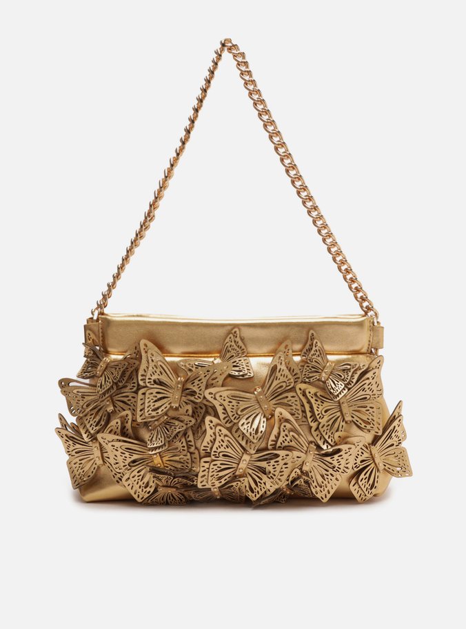 Clutch Dourada Couro Pequena Borboletas
