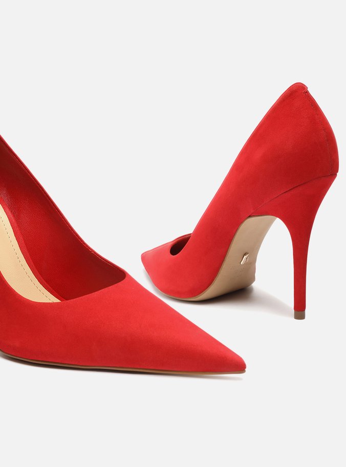 Scarpin Vermelho Nobuck Salto Alto Fino Bico Fino
