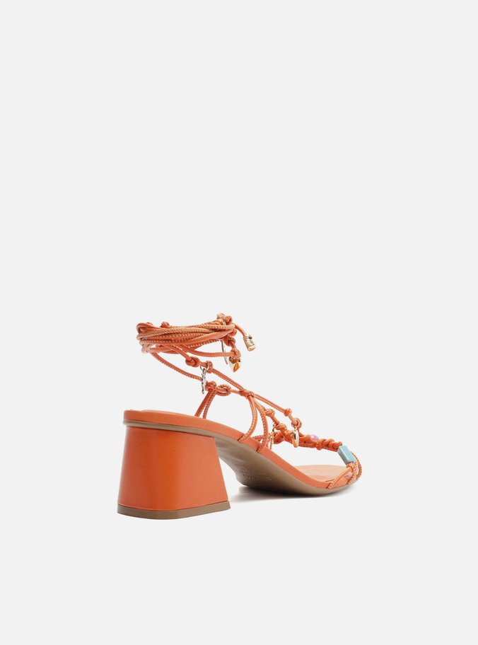 Sandália Laranja Salto Bloco Amarração Beads