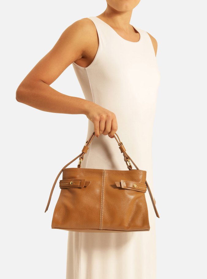 Bolsa Tote Marrom Couro Média Tiras Laterais