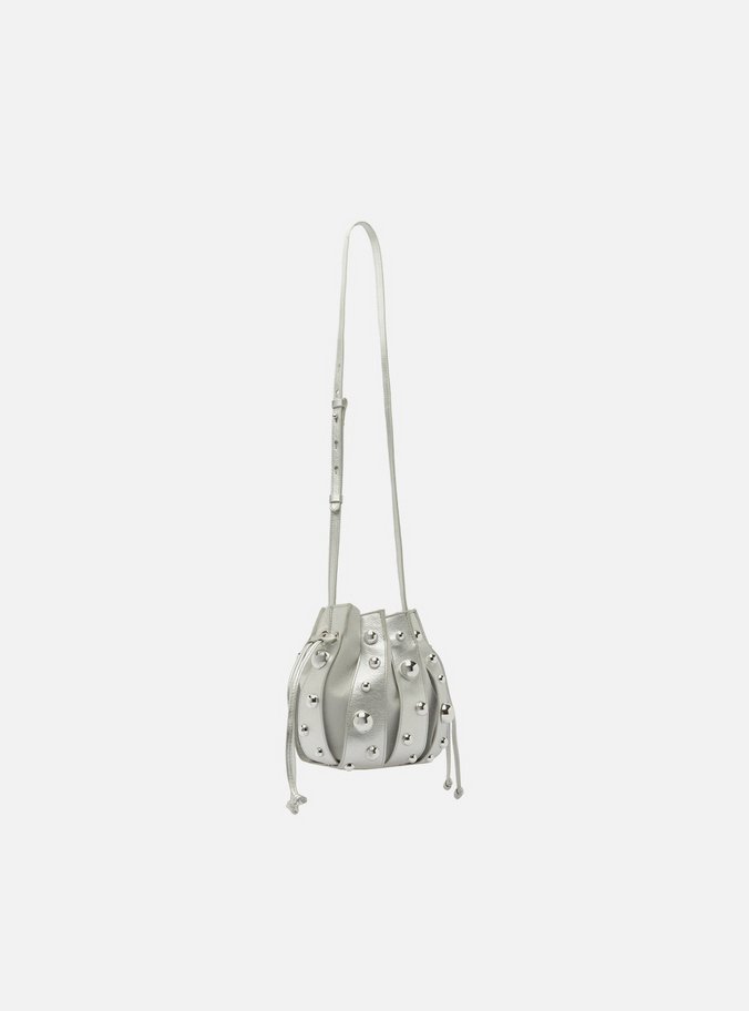 Bolsa Bucket Prateada Couro Pequena Esferas